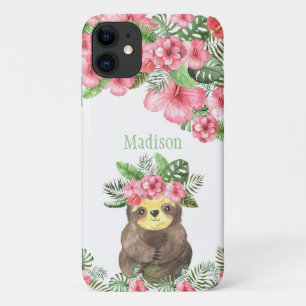 Cute Pink Floral Hawaiian Sloth Animal Name Case-Mate iPhone Case