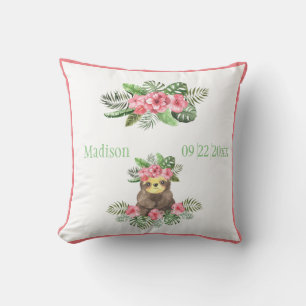 Cute Pink Floral Hawaiian Sloth Animal Name Date Kussen