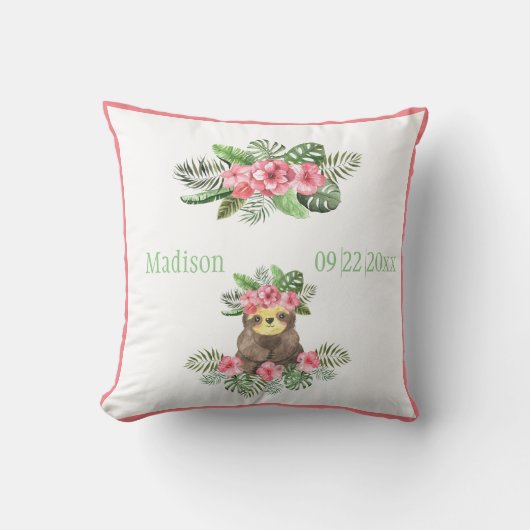 Cute Pink Floral Hawaiian Sloth Animal Name Date Kussen (Voorkant)