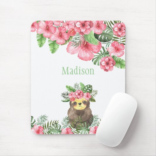 Cute Pink Floral Hawaiian Sloth Animal Name Muismat (Met muis)