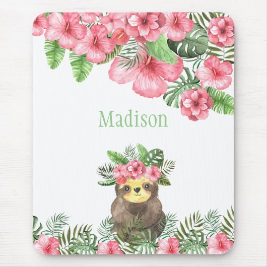 Cute Pink Floral Hawaiian Sloth Animal Name Muismat (Voorkant)