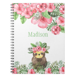 Cute Pink Floral Hawaiian Sloth Animal Name Notitieboek