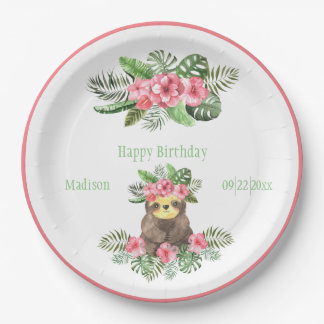 Cute Pink Floral Hawaiian Sloth Animal Name Papieren Bordje