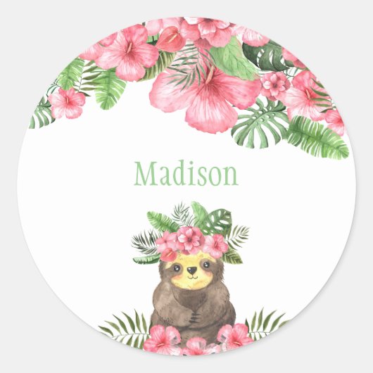 Cute Pink Floral Hawaiian Sloth Animal Name Ronde Sticker (Voorkant)