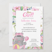 Cute Pink Floral Hippo Baby shower Invitation Kaart (Voorkant)
