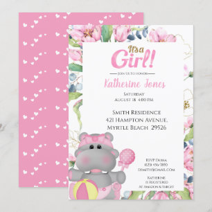 Cute Pink Floral Hippo Baby shower Invitation Kaart