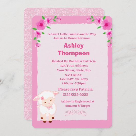 Cute Pink Floral Lamb Baby shower Invitation Kaart (Voorkant / Achterkant)