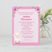 Cute Pink Floral Lamb Baby shower Invitation Kaart (Staand voorkant)