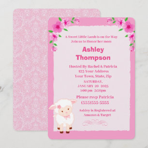 Cute Pink Floral Lamb Baby shower Invitation Kaart