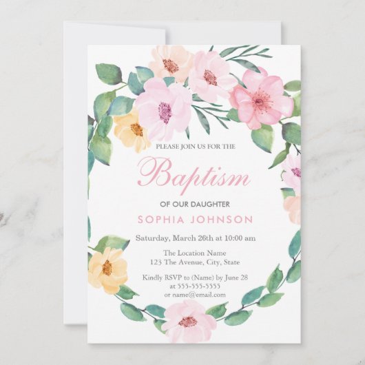 Cute Pink Floral Leaf Wreath Baptism Invite Kaart (Voorkant)