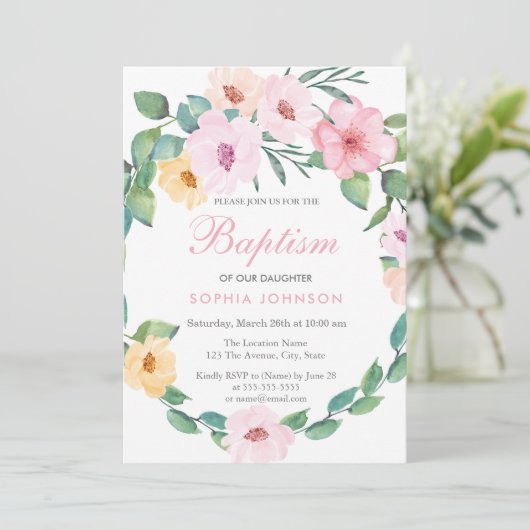 Cute Pink Floral Leaf Wreath Baptism Invite Kaart (Staand voorkant)