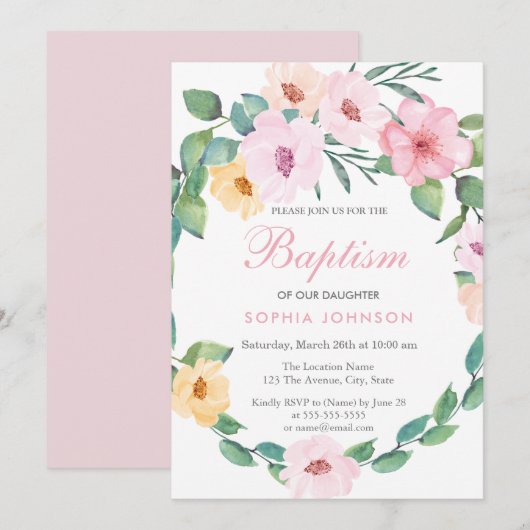 Cute Pink Floral Leaf Wreath Baptism Invite Kaart (Voorkant / Achterkant)