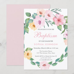 Cute Pink Floral Leaf Wreath Baptism Invite Kaart