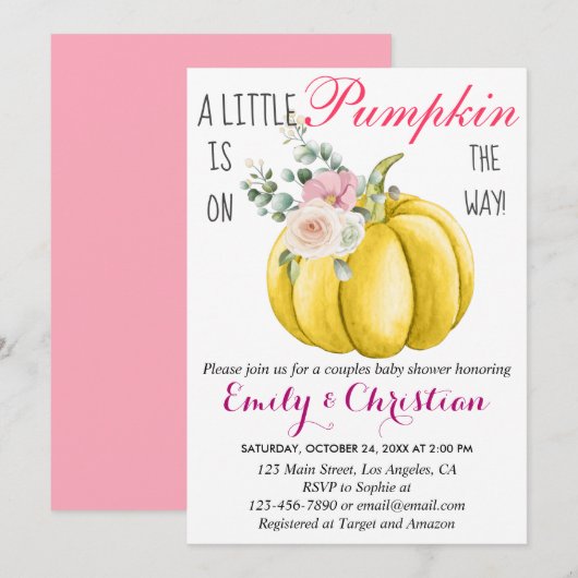 Cute Pink Floral Little Pumpkin Couple Baby shower Kaart (Voorkant / Achterkant)