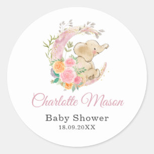 Cute Pink Floral Moon Girl Elephant Baby shower Ronde Sticker