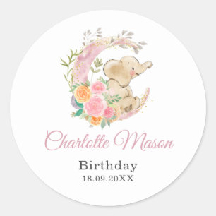 Cute Pink Floral Moon Girl Elephant Birthday Ronde Sticker