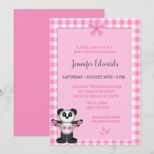 Cute Pink Floral Panda Beer Baby shower Kaart (Voorkant / Achterkant)