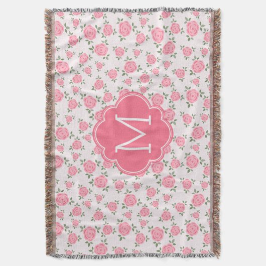 Cute Pink Floral Pattern Monogram Deken (Voorkant Verticaal)