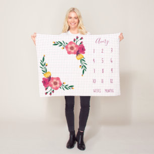 Cute Pink Floral Polka Dot Baby Milestone Fleece Deken