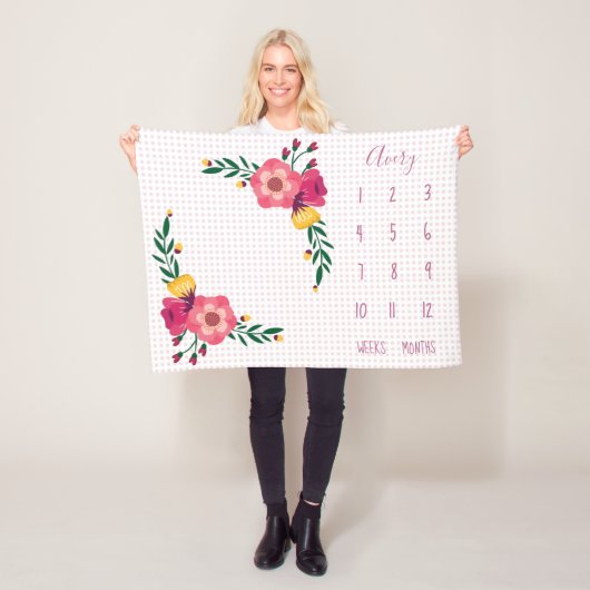 Cute Pink Floral Polka Dot Baby Milestone Fleece Deken (In situ)