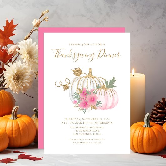 Cute Pink Floral Pumpkin Thanksgiving Dinner Kaart