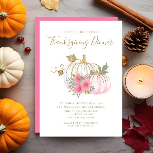 Cute Pink Floral Pumpkin Thanksgiving Dinner Kaart
