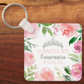 Cute Pink Floral Quinceañera Silver Tiara Custom Sleutelhanger (Voorkant)