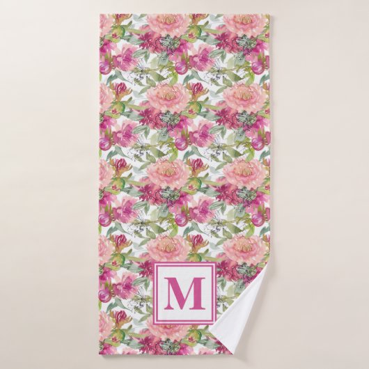 Cute Pink Floral Sage Green Leaves Monogram Badhanddoek (Badhanddoek)