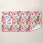 Cute Pink Floral Sage Green Leaves Monogram Badhanddoek (Badhanddoek)