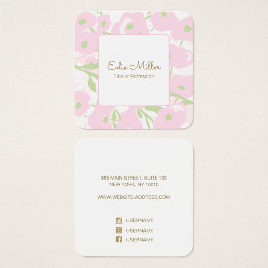 Cute Pink Floral Script Vierkante Visitekaartjes (Voorkant /achterkant)