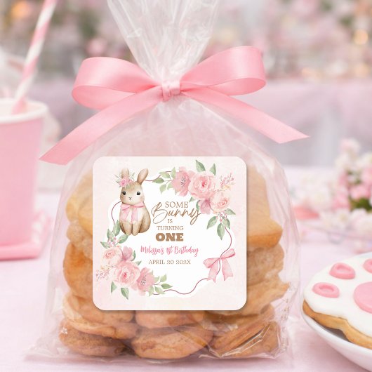 Cute Pink Floral Some Bunny Turning One Birthday Vierkante Sticker