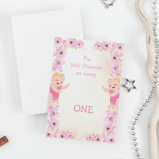 Cute Pink Floral Theme Twins Birthday Kaart
