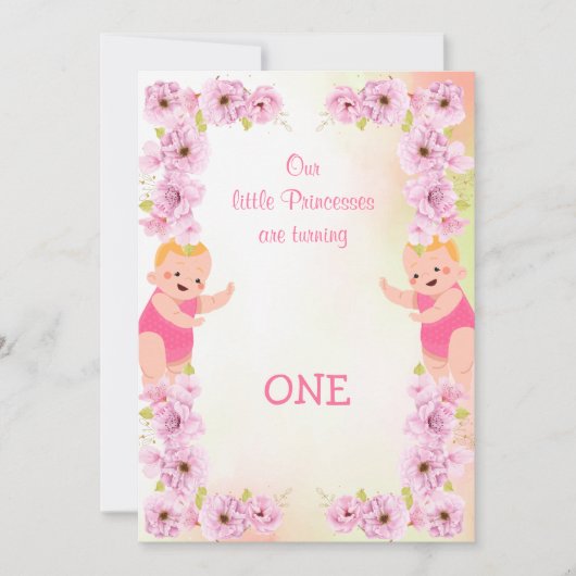 Cute Pink Floral Theme Twins Birthday Kaart (Voorkant)