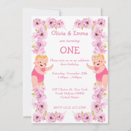 Cute Pink Floral Theme Twins Birthday Kaart (Achterkant)