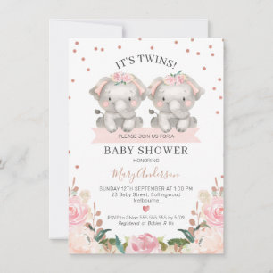 Cute Pink Floral Twin Girls Elephants Baby shower Kaart