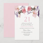 Cute Pink Floral Waterverf 21st Birthday Invite Kaart (Voorkant / Achterkant)