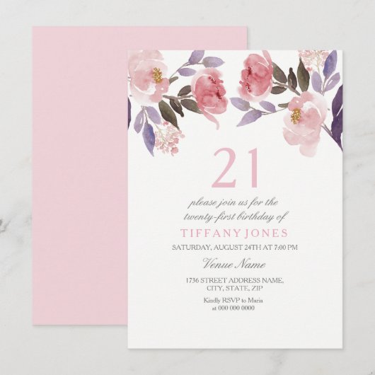 Cute Pink Floral Waterverf 21st Birthday Invite Kaart (Voorkant / Achterkant)