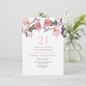 Cute Pink Floral Waterverf 21st Birthday Invite Kaart (Staand voorkant)