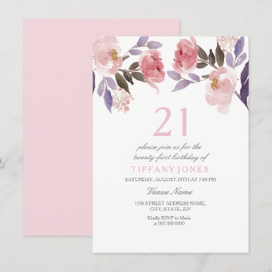 Cute Pink Floral Waterverf 21st Birthday Invite Kaart