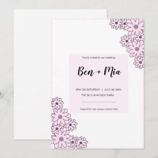 Cute Pink Floral Wedding Invitation Kaart (Voorkant / Achterkant)
