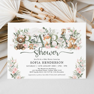 Cute Pink Floral Woodland Animals Girl Baby shower Kaart