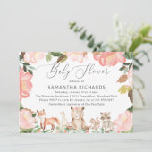 Cute Pink Floral Woodland Animals Girl Baby shower Kaart (Staand voorkant)