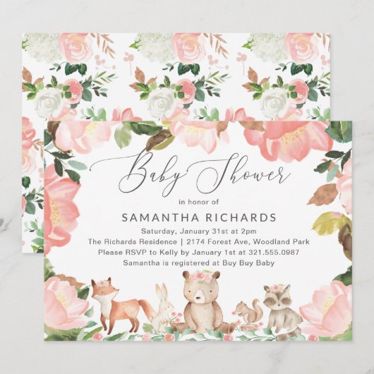 Cute Pink Floral Woodland Animals Girl Baby shower Kaart (Voorkant / Achterkant)