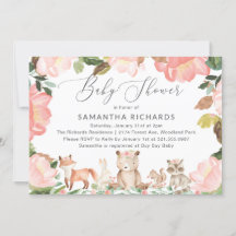 Cute Pink Floral Woodland Animals Girl Baby shower