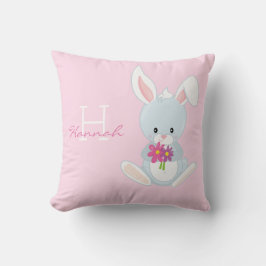 Cute Pink Floral Woodland Bunny Rabbit Monogram Kussen