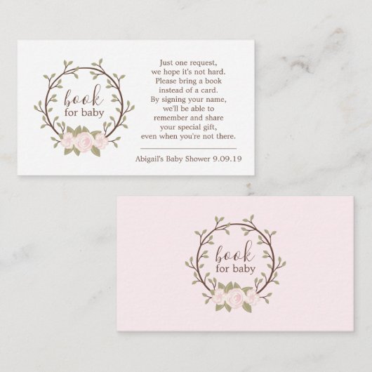 Cute Pink Floral WreatBook Request Baby shower Informatiekaartje (Voorkant / Achterkant)