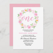 Cute Pink Floral Wreate 1e verjaardag Uitnodiging (Voorkant / Achterkant)