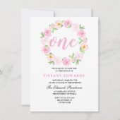 Cute Pink Floral Wreate 1e verjaardag Uitnodiging (Voorkant)