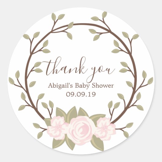 Cute Pink Floral Wreated Baby shower Ronde Sticker (Voorkant)