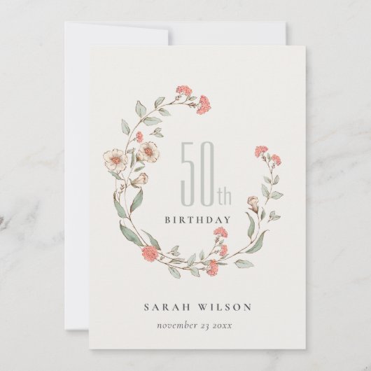 Cute Pink Flower Wreath Foto 50th Birthday Invite Bedankkaart (Achterkant)